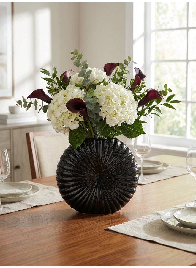 ايست من نون Ceramic Vase for Floral Decorative arrangement, Ht-23.5 cm | Shiny Black Color | Sunburst Glaze Design | Size -25.5x6x23.5 cm | Perfect for decorativing your living room, Ideal for decorating coffee table, dinning table, console table or any office or living space - Image 1